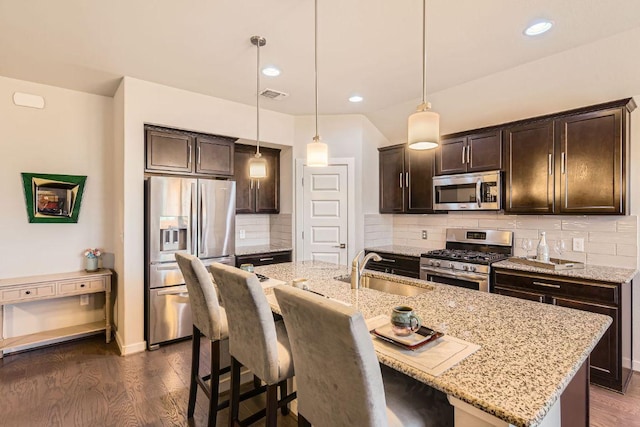 kitchen featuring a sink, dark wood-type flooring, visible vents, and stainless steel appliances