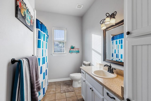 full bath with tile patterned floors, visible vents, toilet, baseboards, and vanity