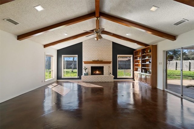 unfurnished living room featuring visible vents, a textured ceiling, and vaulted ceiling with beams