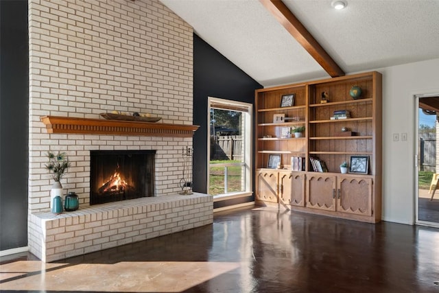 living room featuring a brick fireplace, a textured ceiling, lofted ceiling with beams, and baseboards