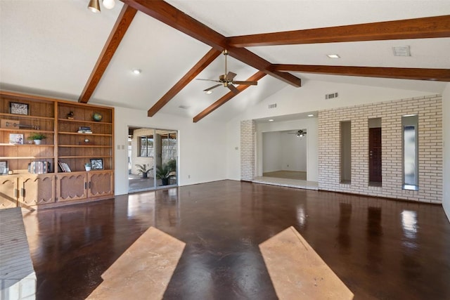 living room with beamed ceiling, brick wall, high vaulted ceiling, and ceiling fan