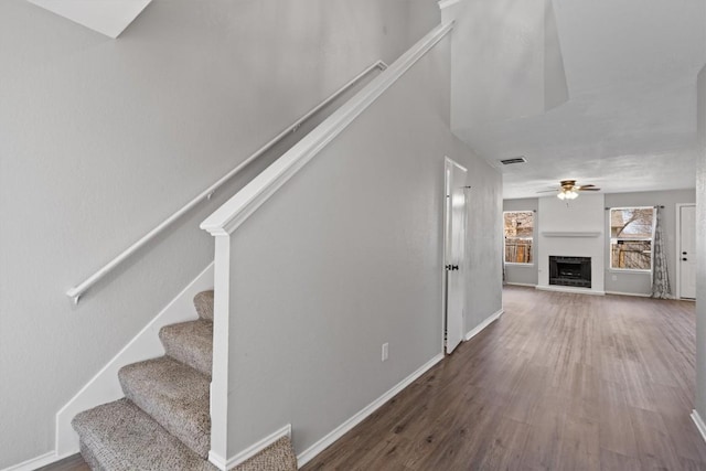 staircase featuring visible vents, a fireplace with raised hearth, a ceiling fan, wood finished floors, and baseboards