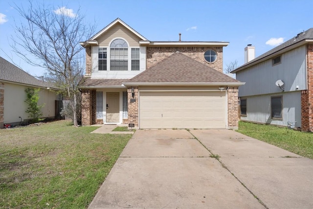 traditional home featuring driveway, an attached garage, a shingled roof, a front lawn, and brick siding