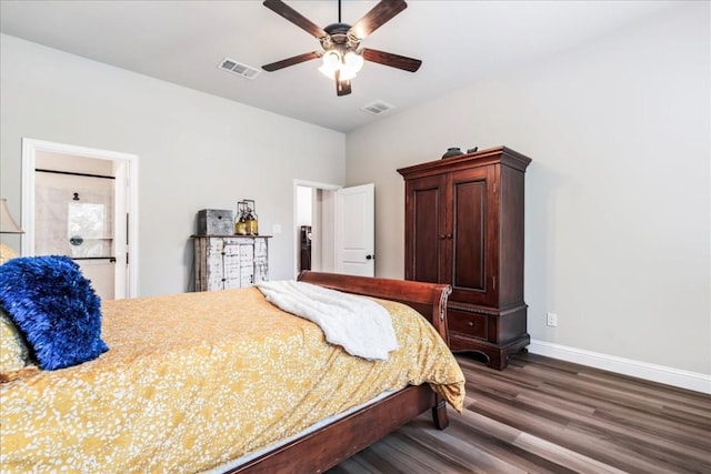 bedroom featuring ceiling fan, visible vents, baseboards, and wood finished floors