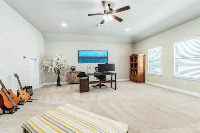 office space with visible vents, baseboards, recessed lighting, ceiling fan, and light colored carpet