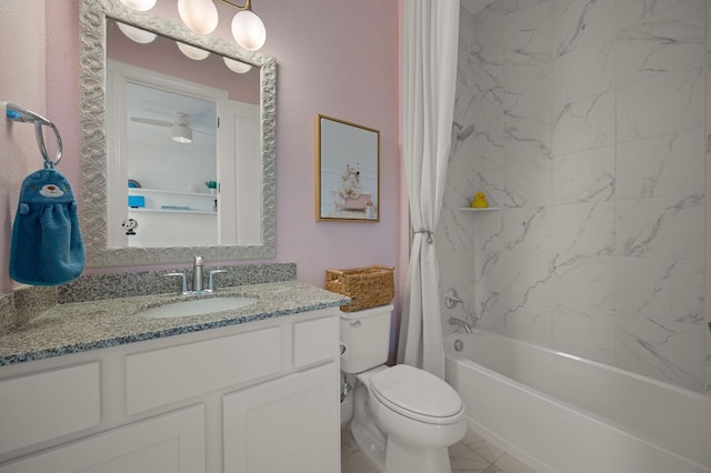 bathroom featuring shower / bath combo with shower curtain, toilet, marble finish floor, and vanity