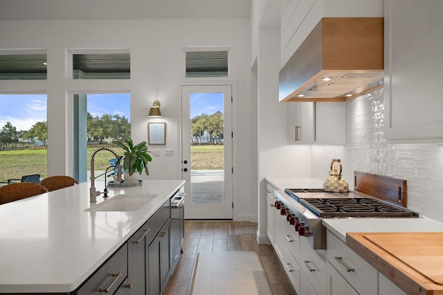 kitchen featuring tasteful backsplash, wall chimney range hood, light countertops, stainless steel appliances, and a sink