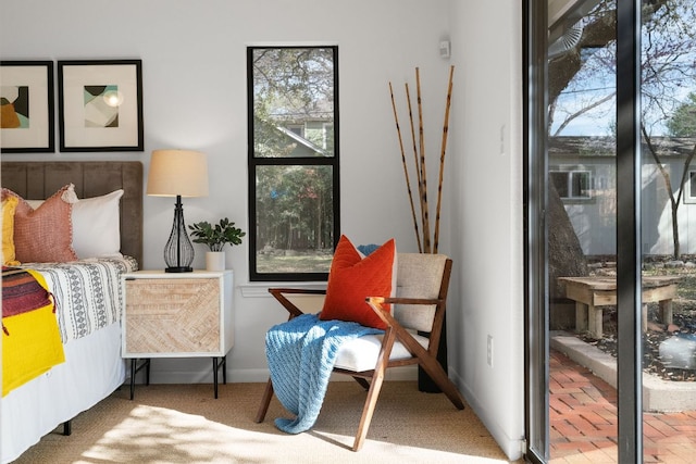 bedroom with baseboards and carpet