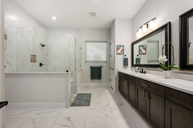 bathroom with visible vents, marble finish floor, recessed lighting, a marble finish shower, and vanity