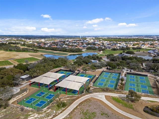 bird's eye view with a water view