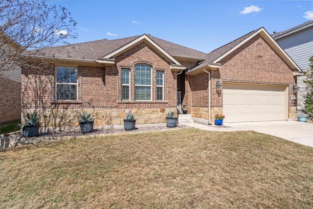 ranch-style house featuring a front lawn, concrete driveway, a shingled roof, a garage, and brick siding