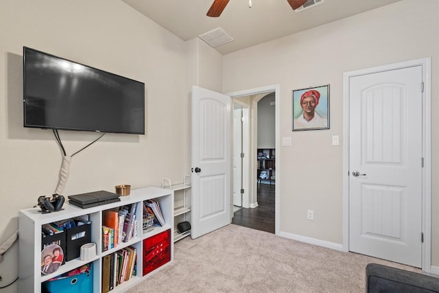 game room featuring visible vents, carpet floors, baseboards, and a ceiling fan