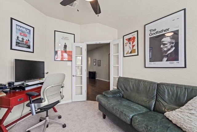 carpeted office with visible vents, french doors, baseboards, and ceiling fan