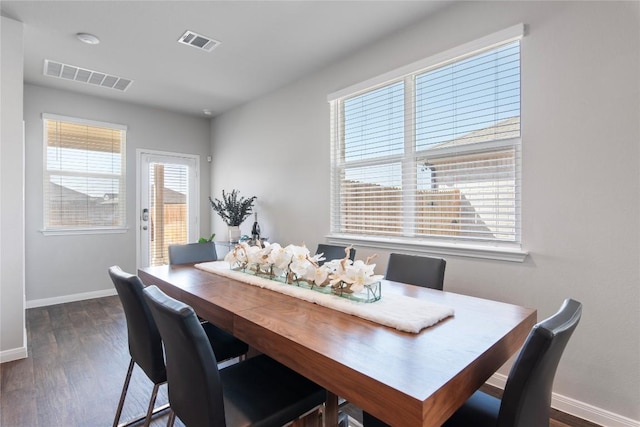 dining room featuring baseboards, visible vents, and dark wood-style flooring