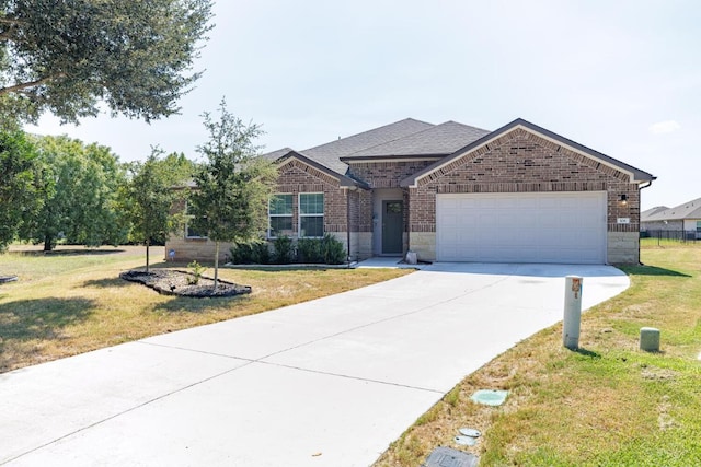 view of front of home featuring a front lawn, a garage, brick siding, and concrete driveway