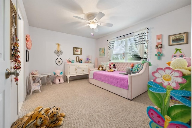 bedroom with ceiling fan and carpet flooring