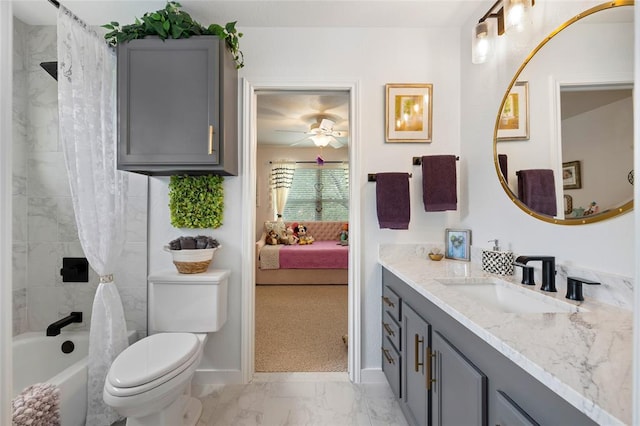 ensuite bathroom featuring connected bathroom, toilet, shower / tub combo with curtain, marble finish floor, and vanity