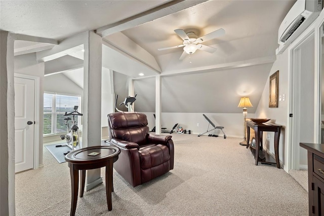 living area with baseboards, lofted ceiling with beams, carpet floors, a wall mounted AC, and a ceiling fan