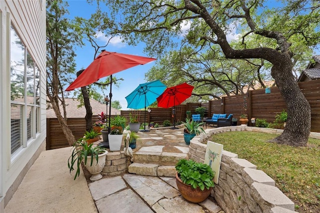 view of patio / terrace featuring a fenced backyard and an outdoor hangout area