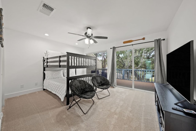 bedroom with access to outside, baseboards, visible vents, and carpet floors