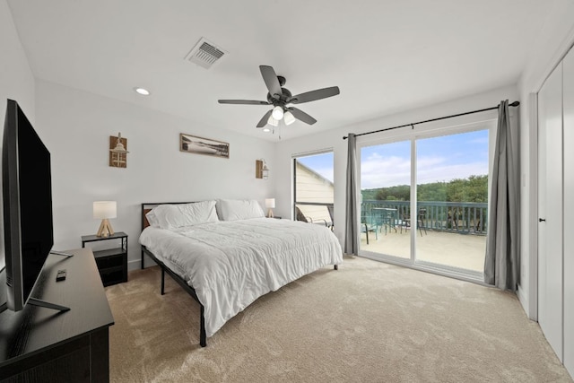 carpeted bedroom featuring recessed lighting, visible vents, ceiling fan, and access to outside