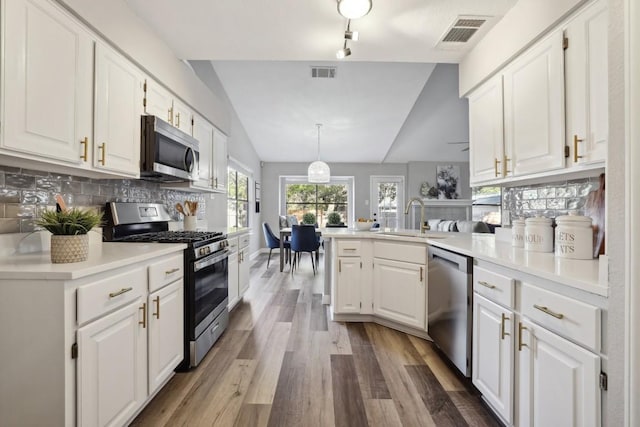 kitchen with a sink, stainless steel appliances, visible vents, and white cabinets