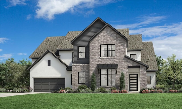 view of front of house featuring a garage, a front lawn, concrete driveway, and stone siding