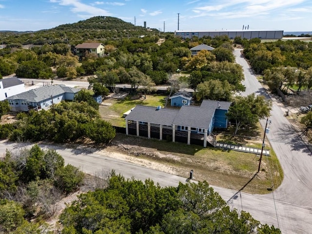 drone / aerial view featuring a mountain view