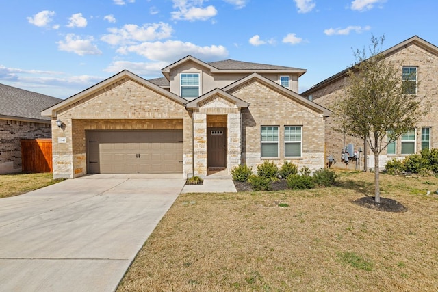 view of front of home featuring brick siding, driveway, a front lawn, and a garage