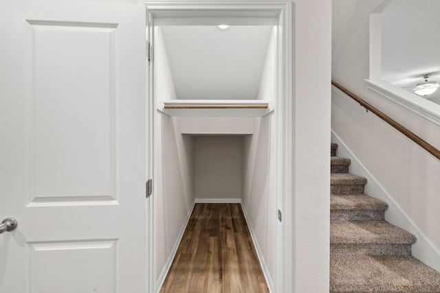 stairs with baseboards and wood finished floors