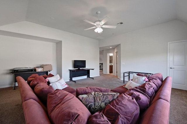 living area featuring visible vents, baseboards, carpet flooring, lofted ceiling, and ceiling fan