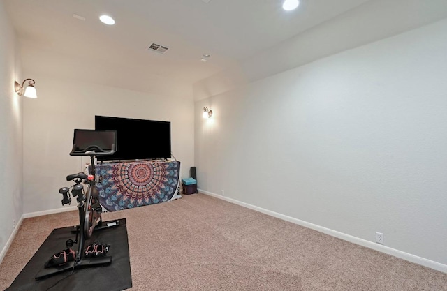 workout room with recessed lighting, visible vents, baseboards, and carpet flooring