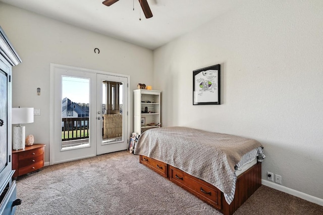 bedroom with access to outside, french doors, carpet flooring, baseboards, and ceiling fan