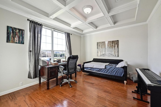 bedroom featuring crown molding, baseboards, beam ceiling, wood finished floors, and coffered ceiling