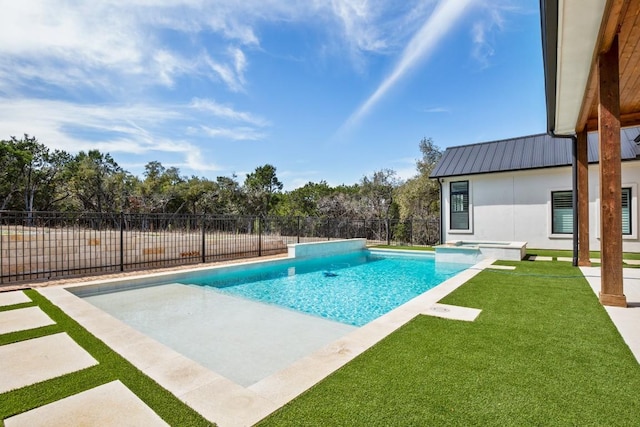 view of swimming pool with a fenced in pool, a lawn, a patio area, and fence