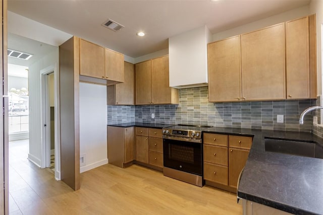 kitchen featuring electric range, light wood-style flooring, visible vents, and a sink