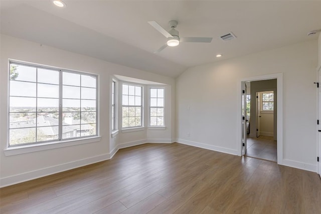 unfurnished room with recessed lighting, baseboards, a ceiling fan, and wood finished floors