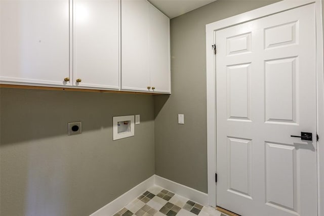 laundry room with cabinet space, hookup for an electric dryer, baseboards, and washer hookup