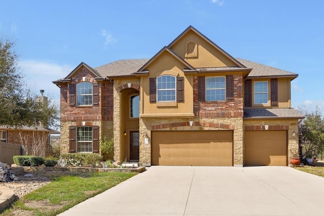 view of front of property featuring concrete driveway, roof with shingles, stucco siding, a garage, and stone siding