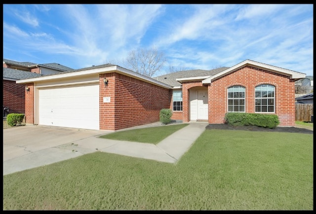 ranch-style home with brick siding, an attached garage, concrete driveway, and a front lawn