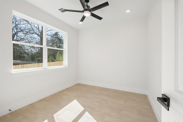 unfurnished room featuring recessed lighting, baseboards, and ceiling fan