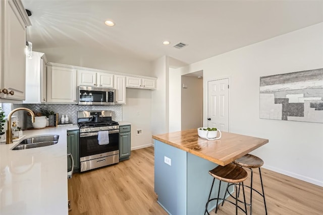 kitchen featuring light wood-style flooring, a sink, backsplash, appliances with stainless steel finishes, and butcher block counters