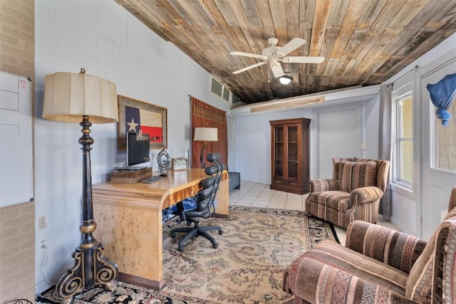 tiled home office featuring ceiling fan, visible vents, and wooden ceiling