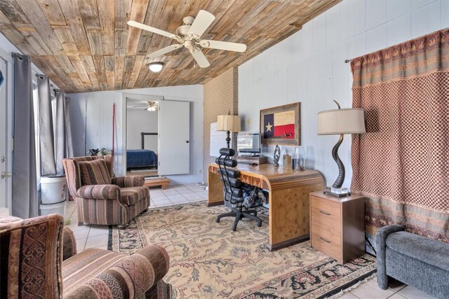 office with light tile patterned floors, wooden ceiling, lofted ceiling, and ceiling fan