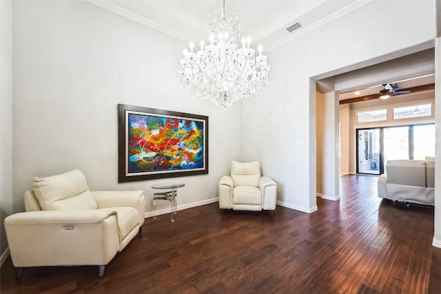sitting room featuring baseboards, ornamental molding, dark wood-style floors, and visible vents