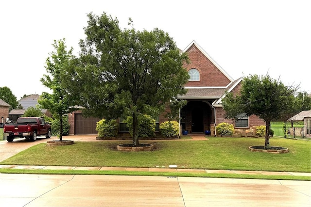 view of front facade featuring concrete driveway, a front lawn, and brick siding
