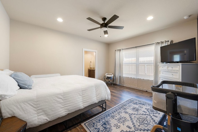 bedroom featuring recessed lighting, wood finished floors, ensuite bathroom, and ceiling fan