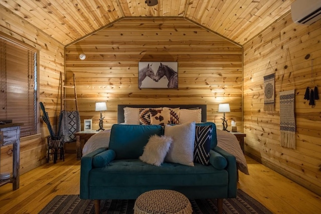 bedroom featuring a wall unit AC, wood ceiling, wood walls, and vaulted ceiling