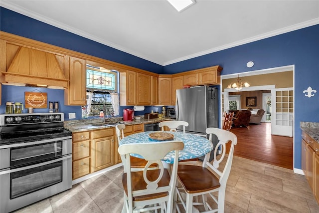 kitchen featuring ornamental molding, a sink, stainless steel appliances, custom exhaust hood, and a chandelier