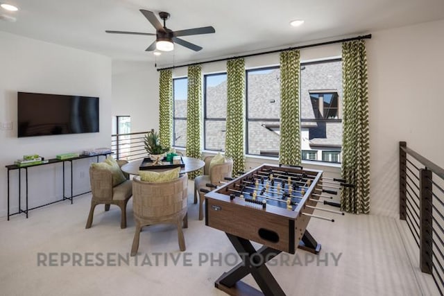 game room featuring recessed lighting, carpet floors, and ceiling fan